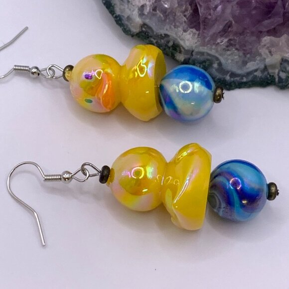 Rubber Duck On Beachball Cute Whimsical Handmade Pierced Earrings LR134 - Picture 4 of 5